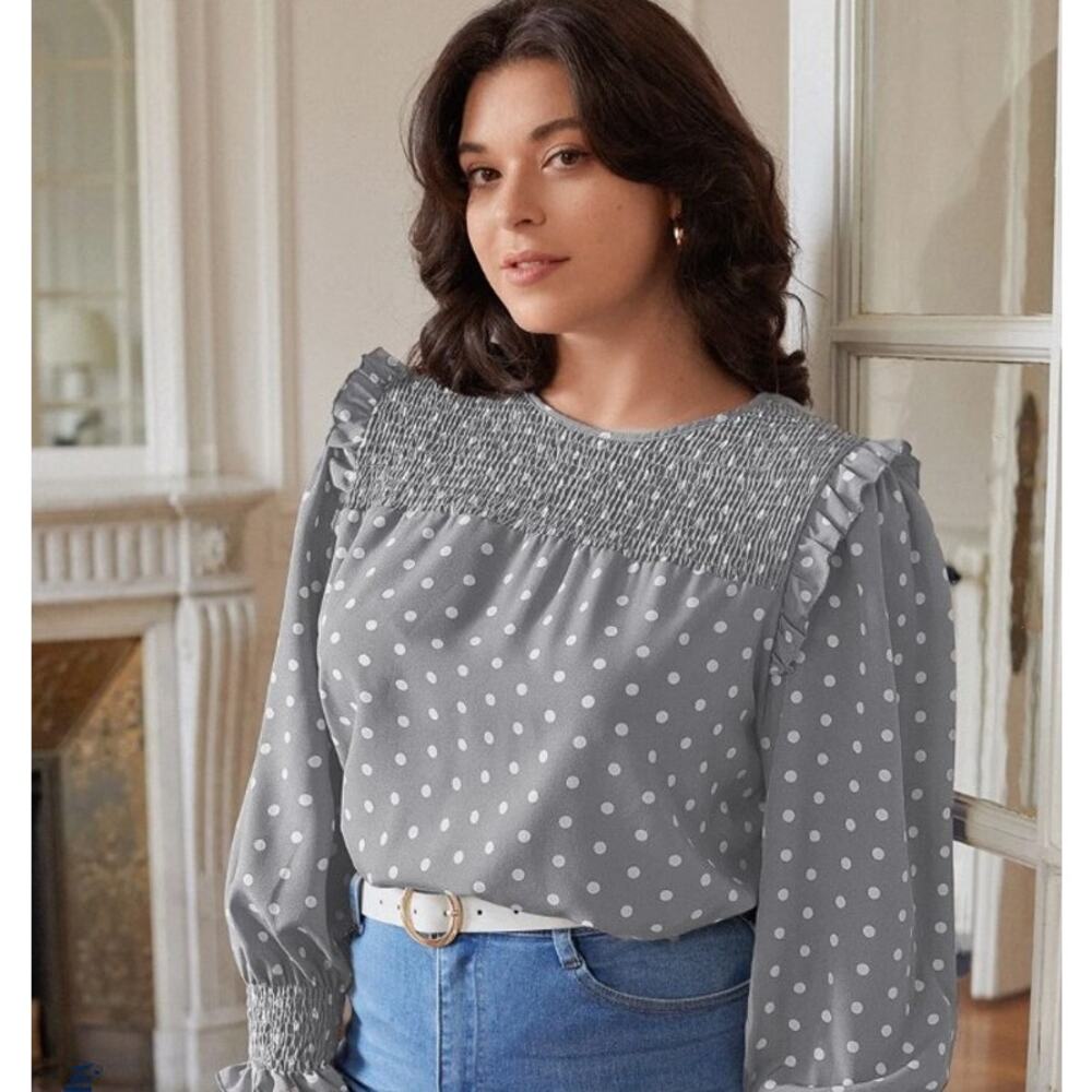 Frenchy Plus Polka Dot Shirred Frill Trim Lantern Sleeve Blouse